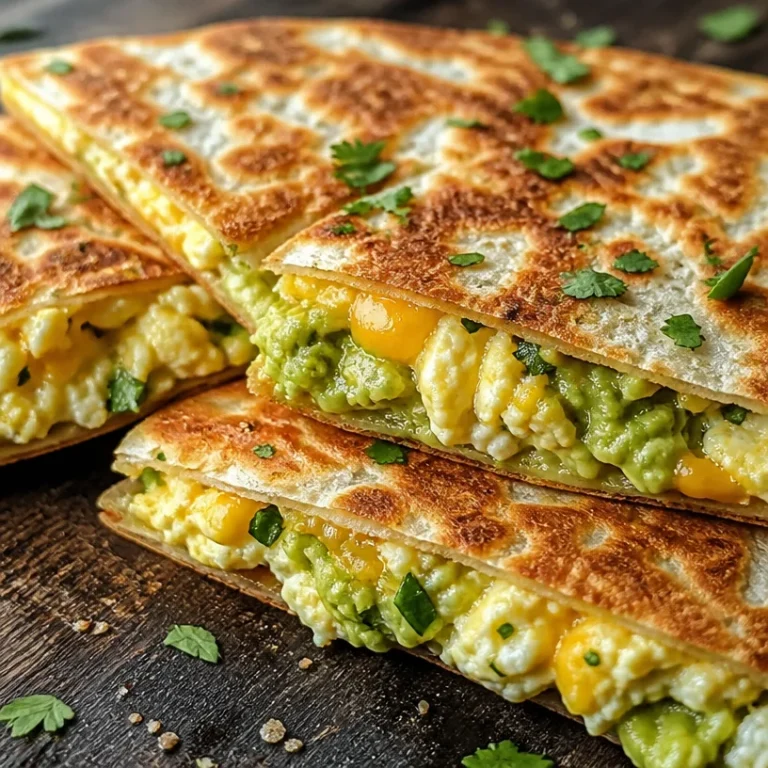 Breakfast quesadilla with egg and smashed avocado on a plate