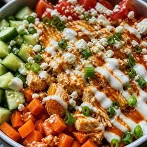 Delicious Buffalo Chicken Protein Bowl topped with fresh vegetables and spicy sauce