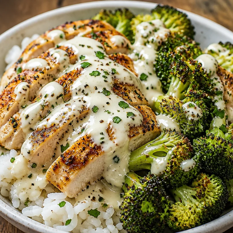 Chicken and broccoli bowls with creamy garlic sauce in a white bowl