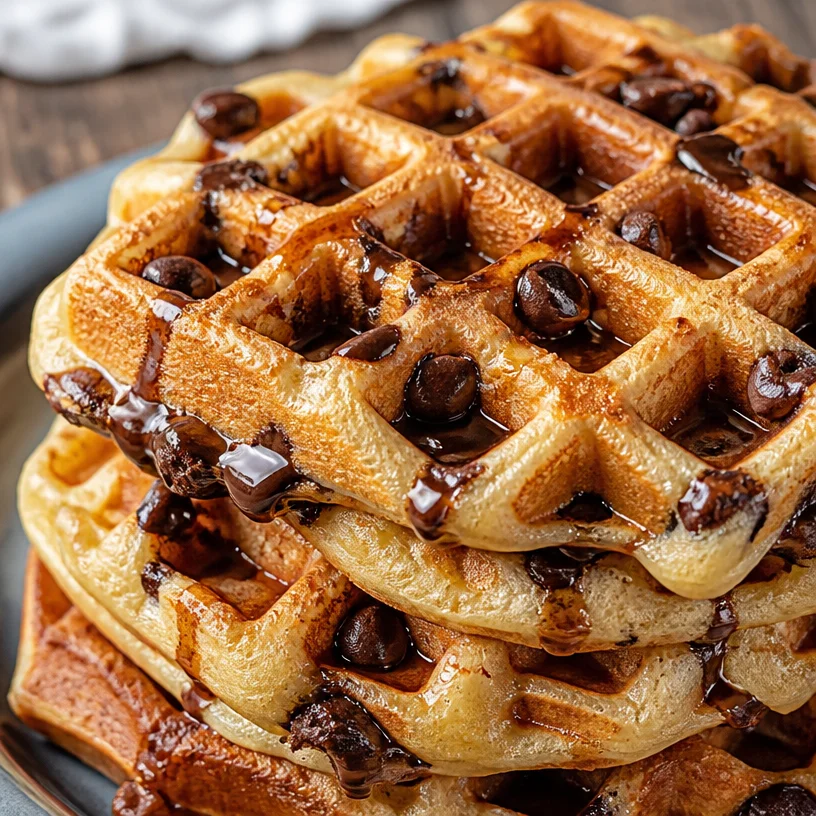 Delicious chocolate chip protein waffles topped with fresh fruit