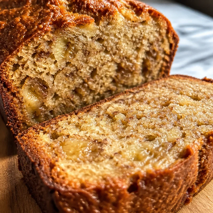 Sliced classic banana bread served on a wooden board