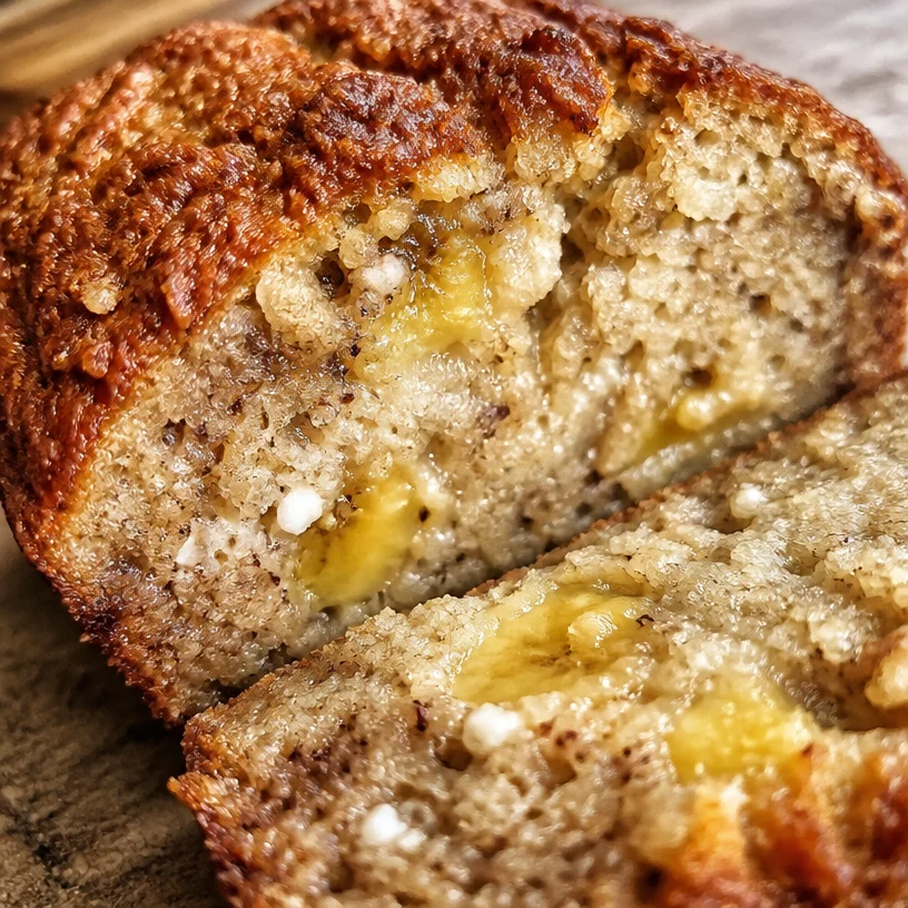 Delicious slice of cottage cheese banana bread on a wooden table.