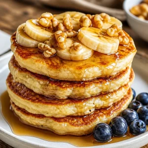 Cottage Cheese Banana Pancakes stacked on a plate with fresh bananas and maple syrup