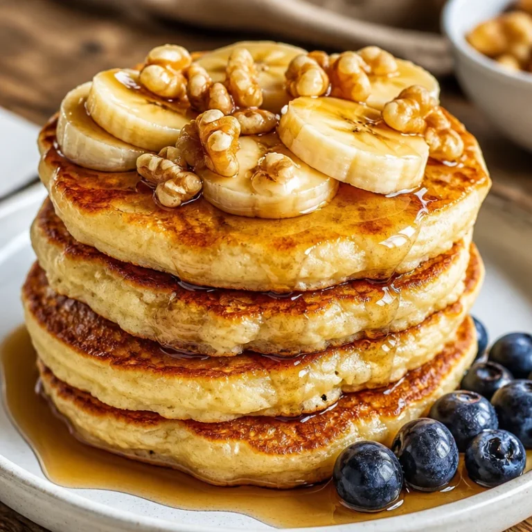 Cottage Cheese Banana Pancakes stacked on a plate with fresh bananas and maple syrup