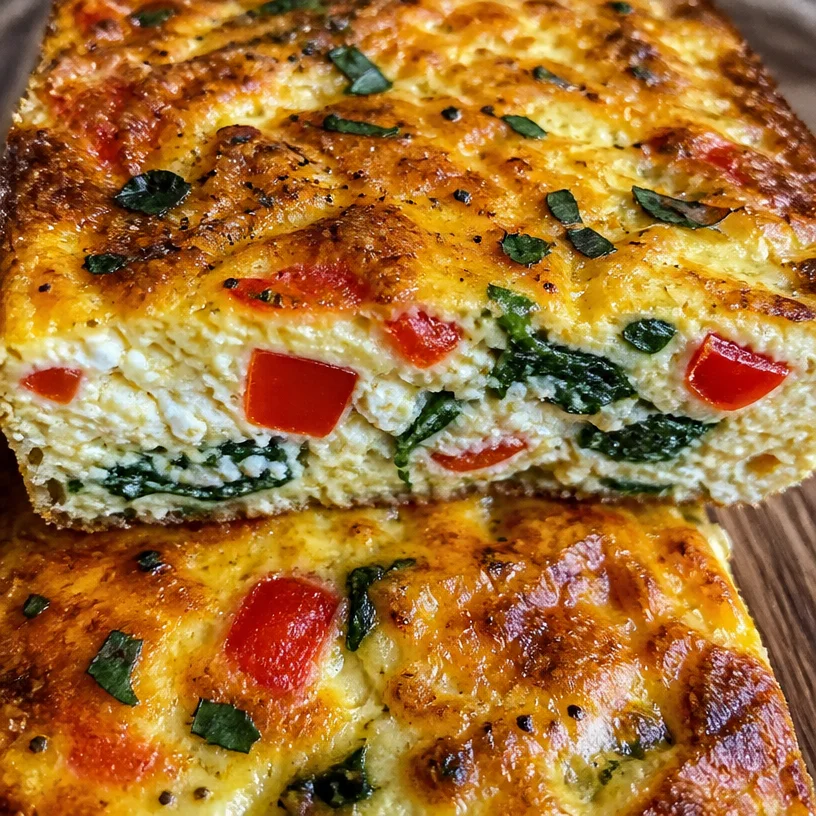 Cottage cheese egg bake topped with herbs and cheese, served in a baking dish.