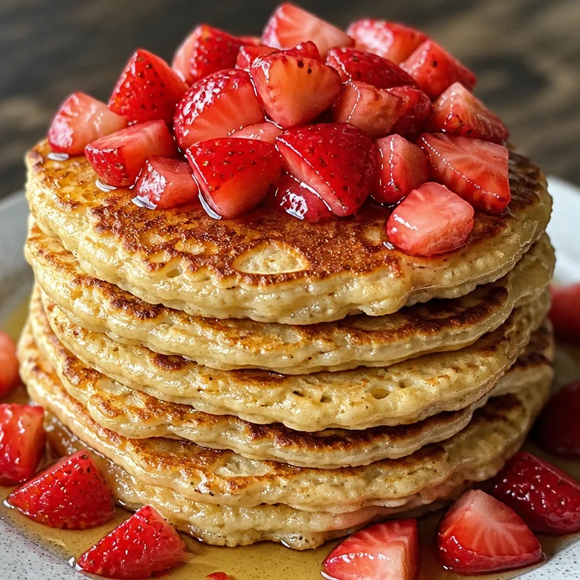 Fluffy cottage cheese oat pancakes served with fresh fruit and syrup