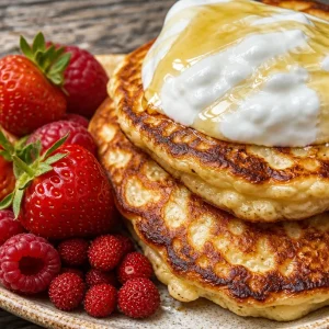 High protein cottage cheese pancakes on a plate with syrup and berries
