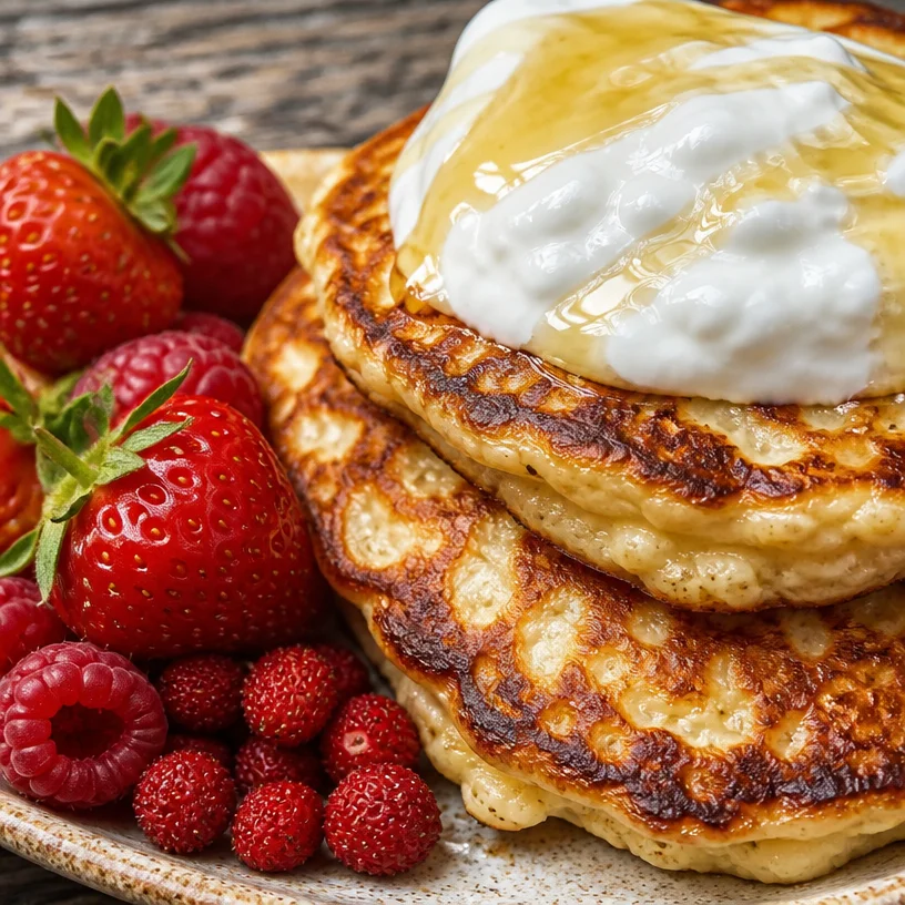 High protein cottage cheese pancakes on a plate with syrup and berries