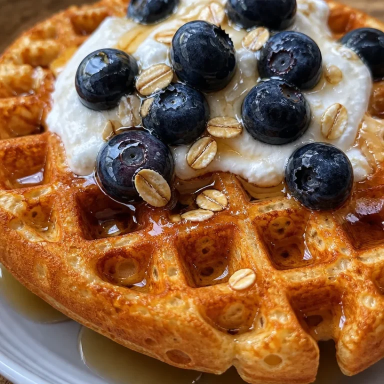 Fluffy cottage cheese waffles with oats served with fresh fruit and syrup