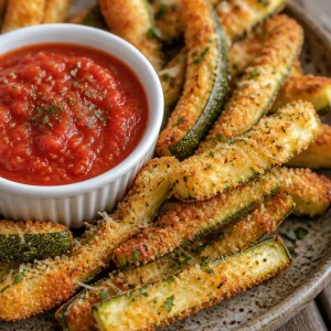 Crispy baked parmesan zucchini fries on a baking sheet.