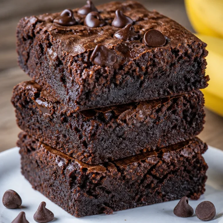 Deliciously healthy banana brownies served on a plate with a banana garnish