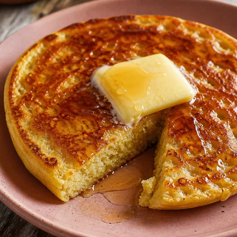 Easy cottage cheese pancake served on a plate with syrup and fruit.
