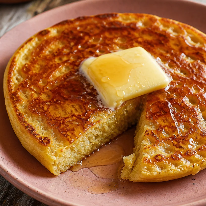Easy cottage cheese pancake served on a plate with syrup and fruit.