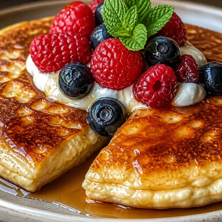 Fluffy cottage cheese pancakes stacked on a plate with syrup and fruit.