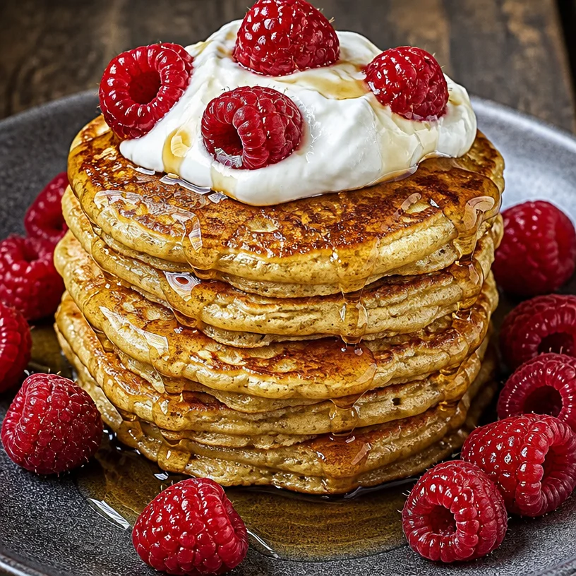Stack of easy gluten-free oatmeal pancakes topped with fruit and syrup