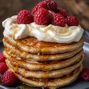 Stack of easy gluten-free oatmeal pancakes made with oat flour