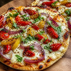 Easy high-protein cottage cheese flatbread pizza topped with fresh ingredients