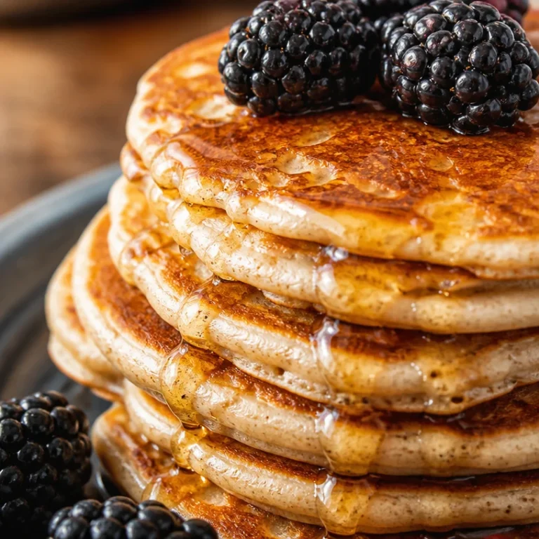 Stack of easy high protein pancakes topped with fresh berries and syrup