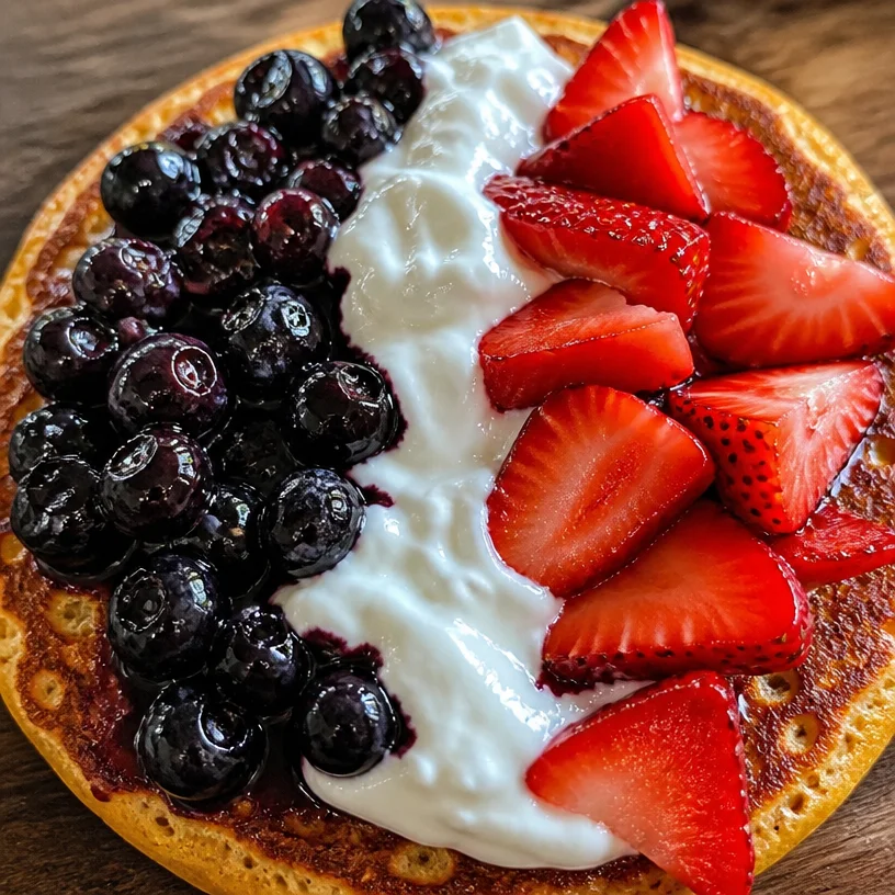 Delicious energizing pancakes topped with fresh fruits and syrup for a healthy breakfast