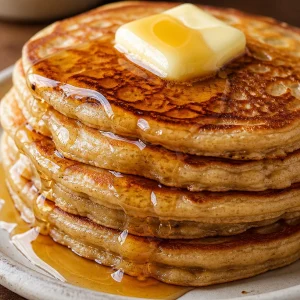Delicious easy oatmeal pancakes served with fresh fruit and syrup