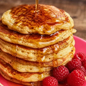 Fluffy oatmeal pancakes stacked on a plate with berries and syrup