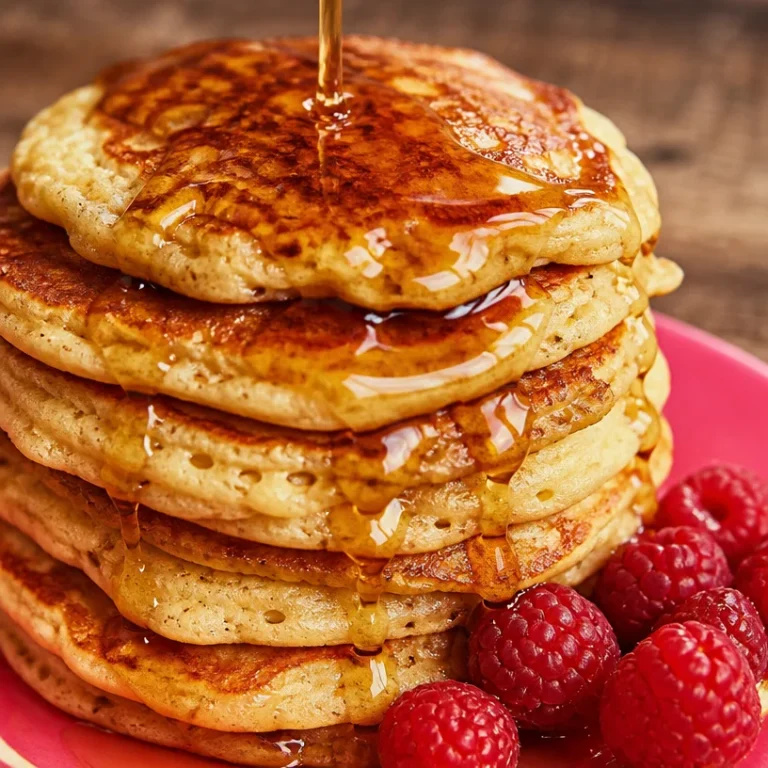 Fluffy oatmeal pancakes stacked on a plate with berries and syrup
