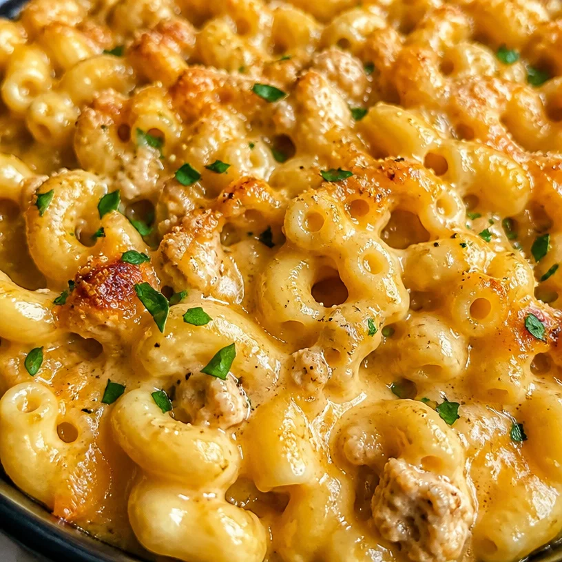 Delicious bowl of easy protein mac and cheese topped with herbs