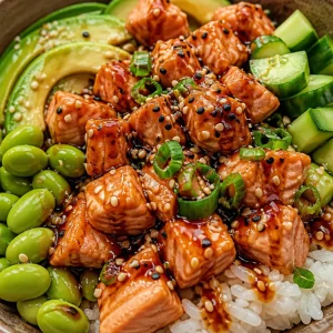 Delicious easy salmon teriyaki bowl garnished with vegetables