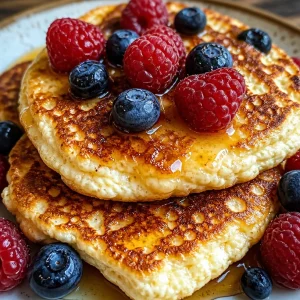 Flourless cottage cheese pancakes served with berries and syrup