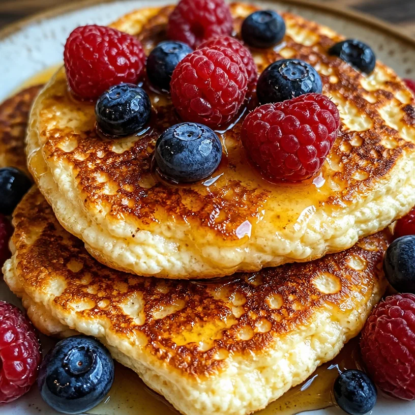 Flourless cottage cheese pancakes served with berries and syrup