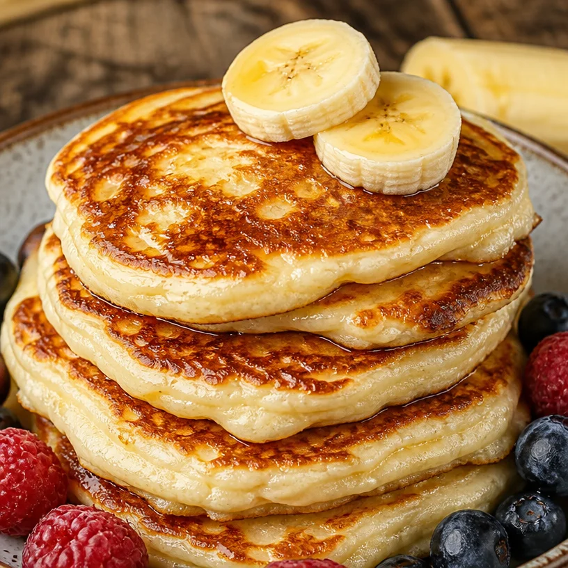 Stack of fluffy cottage cheese pancakes with syrup and berries