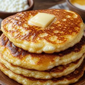 Fluffy high protein cottage cheese hot cakes stacked on a plate with fruit