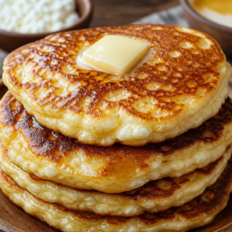 Fluffy high protein cottage cheese hot cakes stacked on a plate with fruit