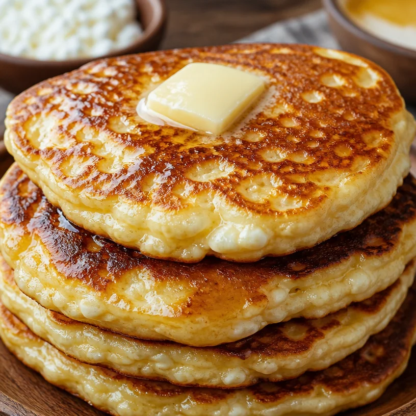 Fluffy high protein cottage cheese hot cakes stacked on a plate with fruit