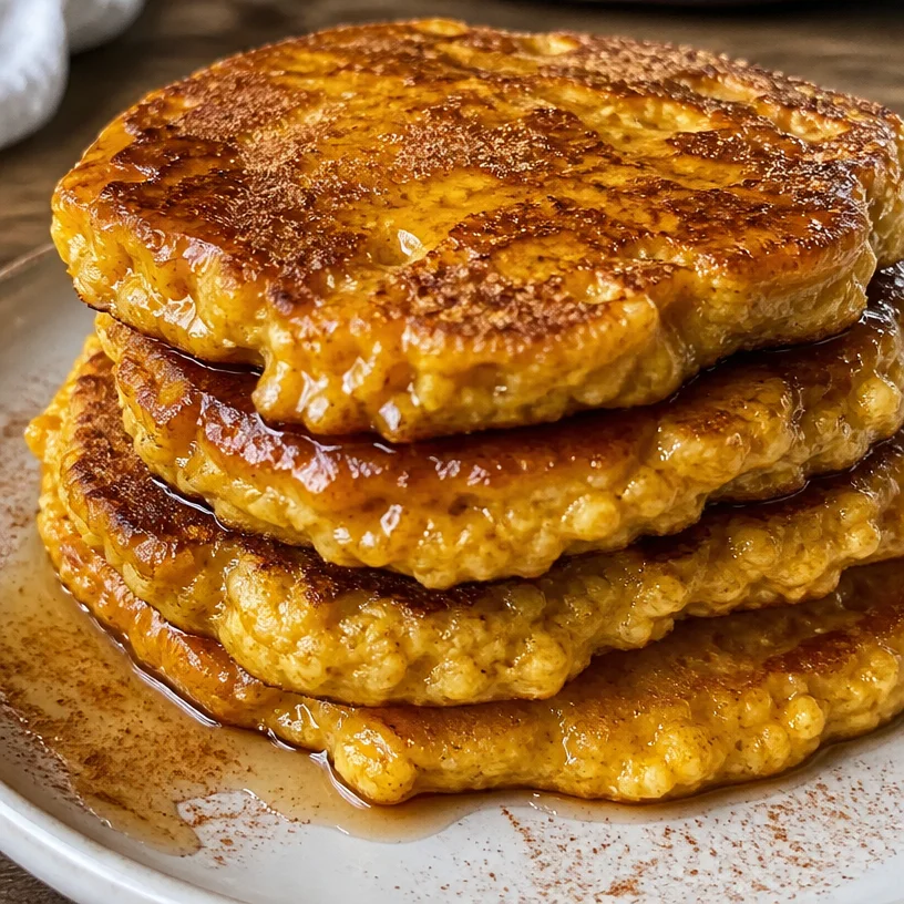 Fluffy pumpkin cottage cheese pancakes served on a plate.