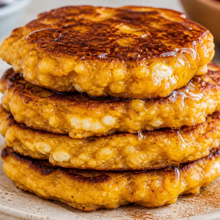Fluffy pumpkin pancakes made with cottage cheese, served on a plate