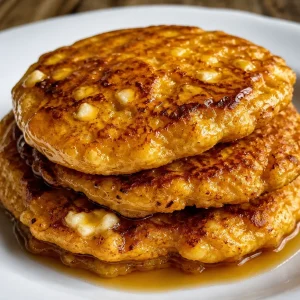 Fluffy pumpkin cottage cheese pancakes stacked on a plate with syrup and pumpkin spice