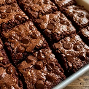 Fudgy banana brownies on a plate with chocolate drizzle and banana slices