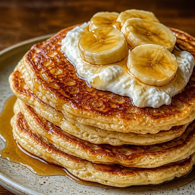 Plate of gluten-free cottage cheese pancakes topped with fresh fruit and syrup