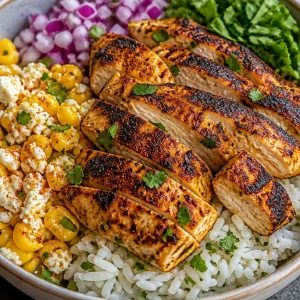 Delicious grilled chicken bowl with cilantro lime rice and creamy Mexican street corn salad
