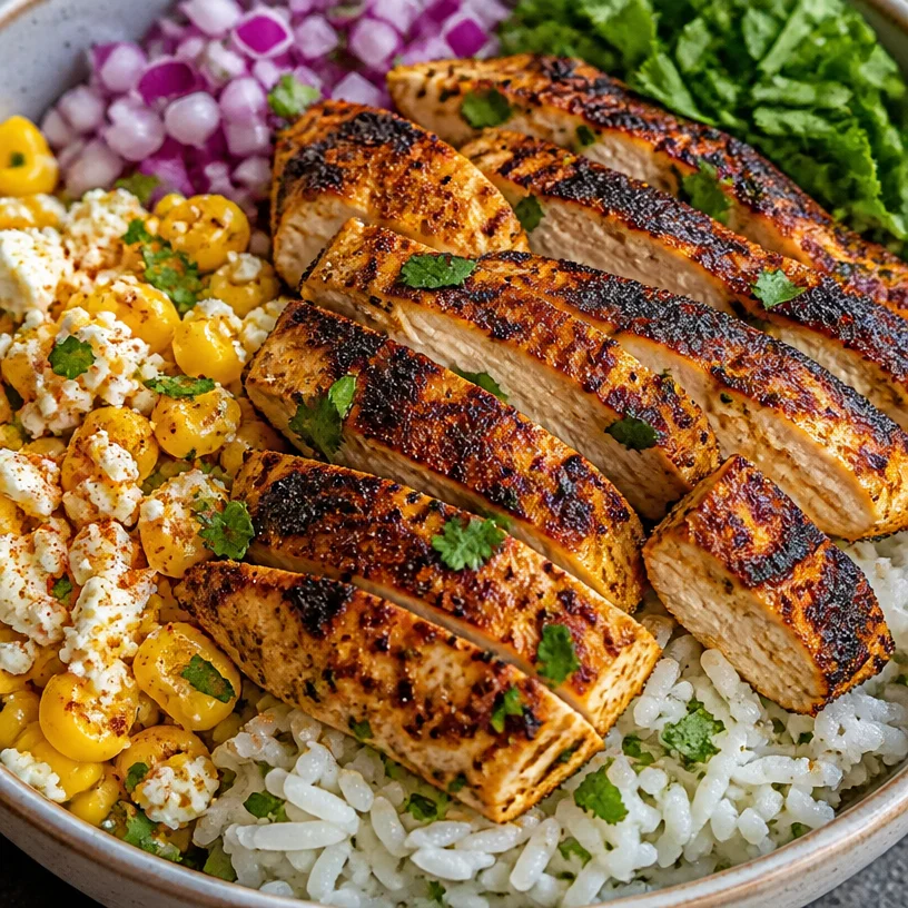 Delicious grilled chicken bowl with cilantro lime rice and creamy Mexican street corn salad