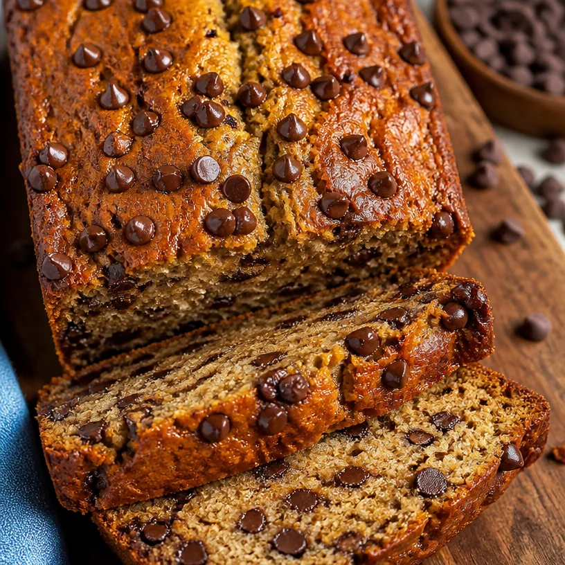 Delicious high protein banana bread slice on a wooden board