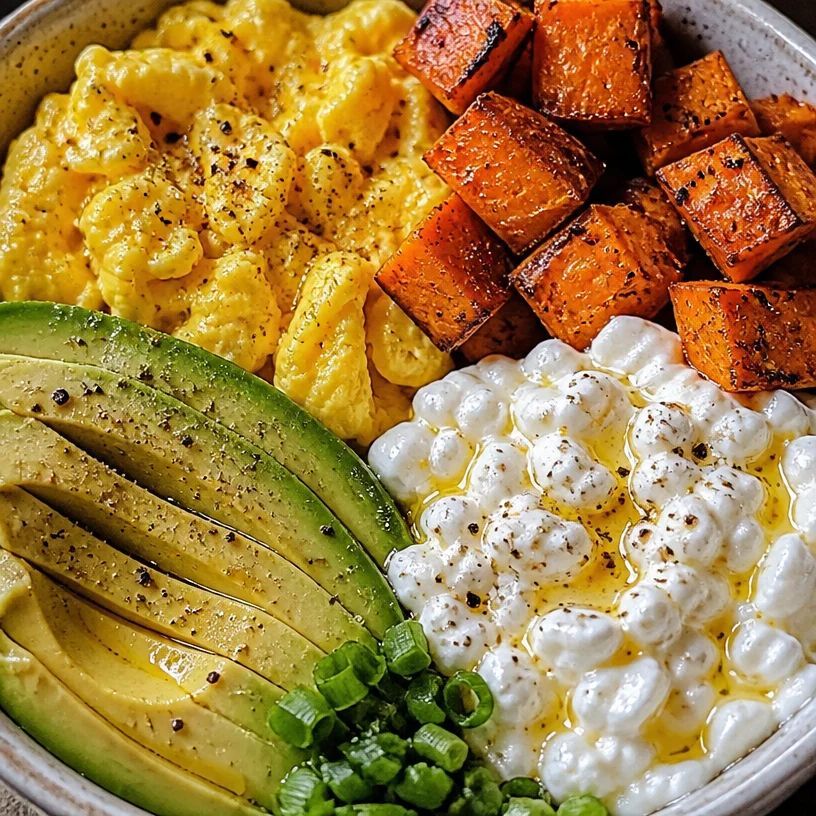 High-protein breakfast bowl topped with fresh fruits and nuts