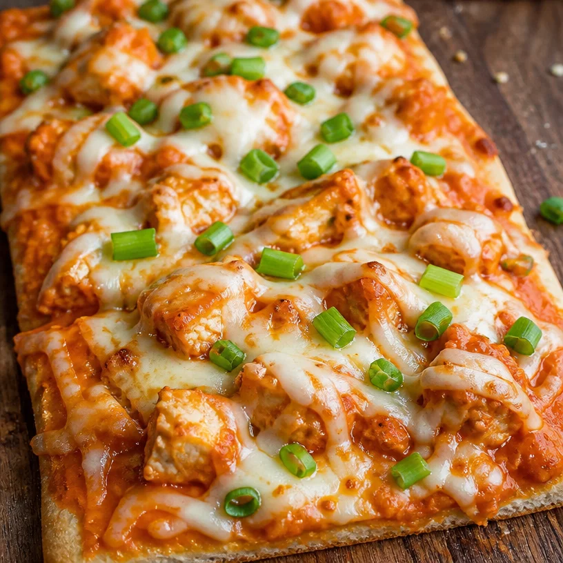 High Protein Buffalo Chicken Flatbread topped with fresh ingredients and spices