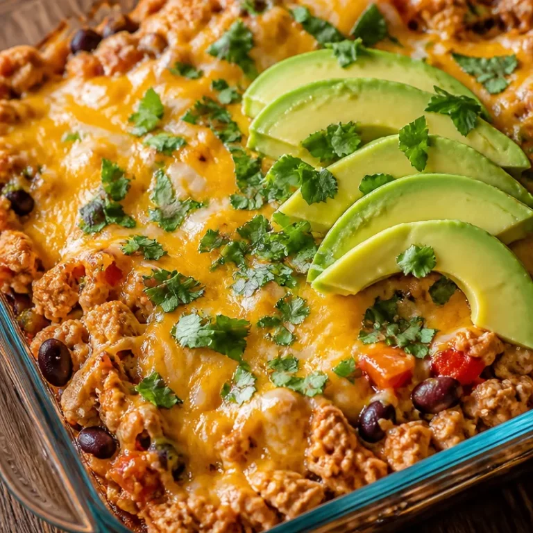High-protein chicken enchilada bowl topped with fresh ingredients