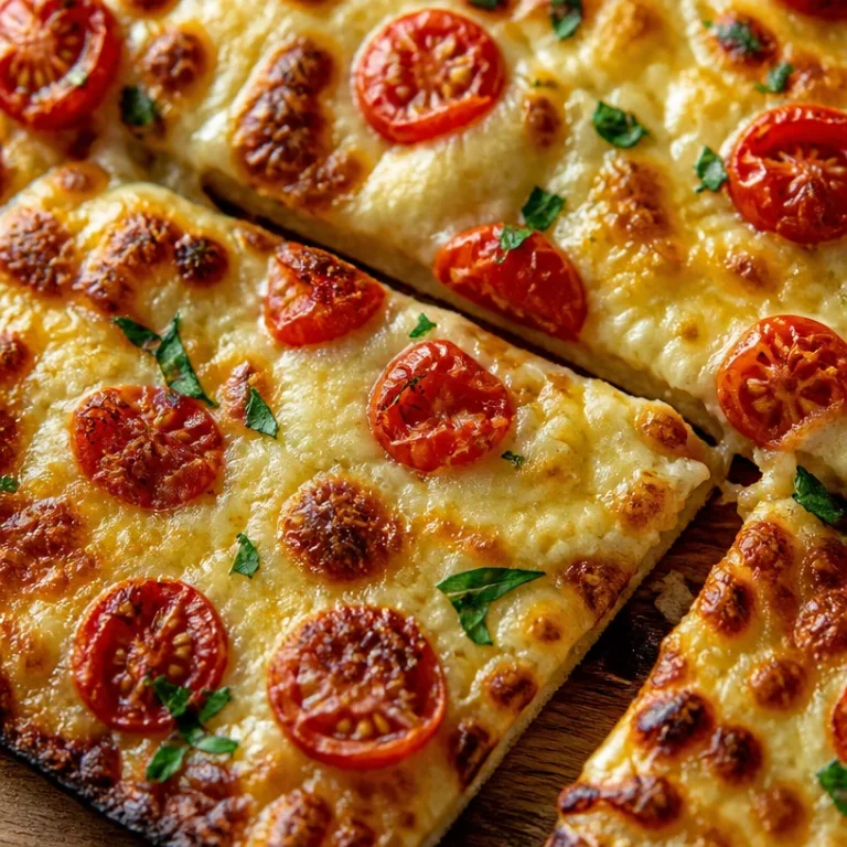 High-protein cottage cheese flatbread pizza topped with fresh vegetables.