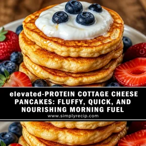 Stack of high protein cottage cheese pancakes with syrup and fruit