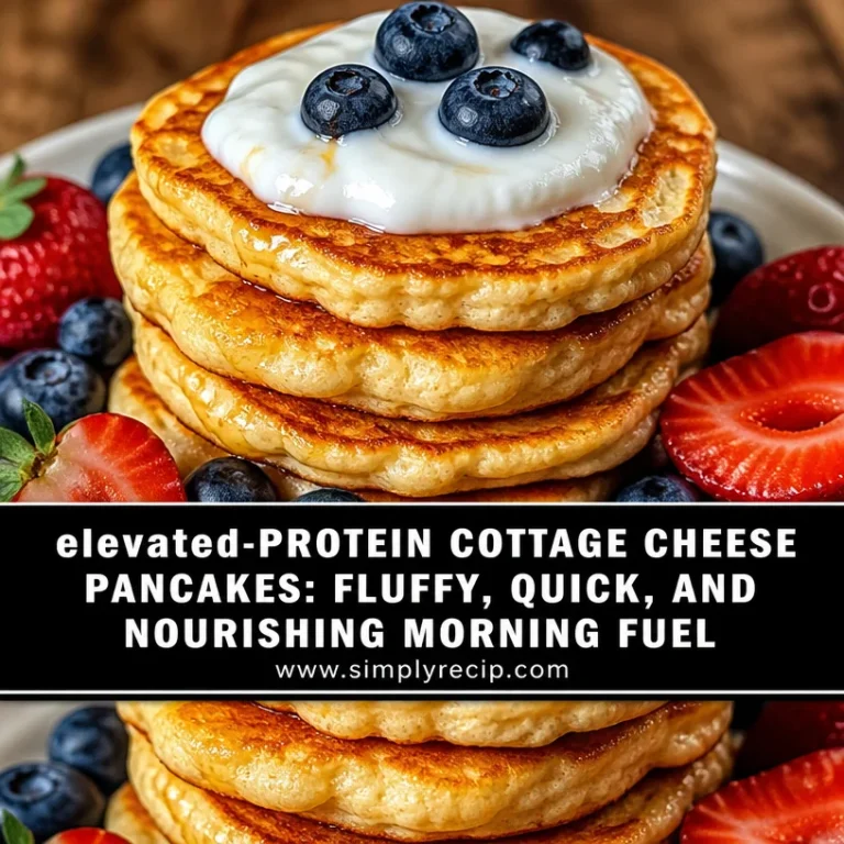 Stack of high protein cottage cheese pancakes with syrup and fruit