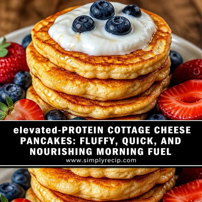 Stack of high protein cottage cheese pancakes with syrup and fruit