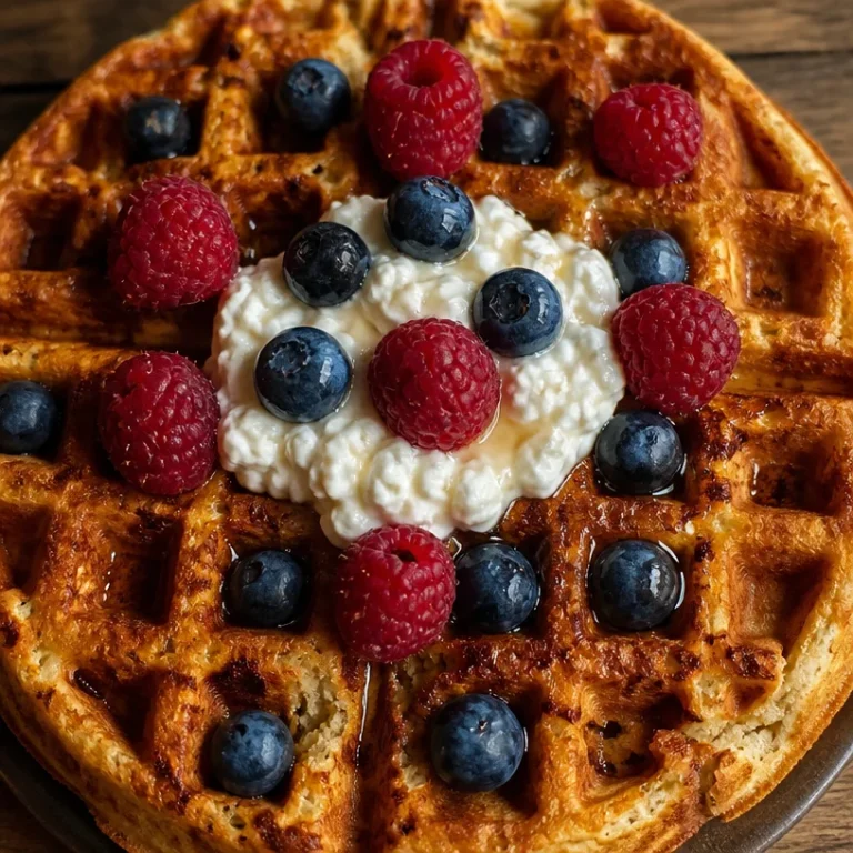 High-protein cottage cheese waffles stacked on a plate with syrup.